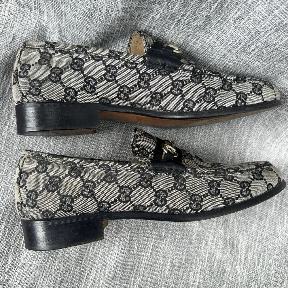 Vintage Gucci GG Monogram Canvas Horsebit Loafer Almond Toe Black Gray 10B